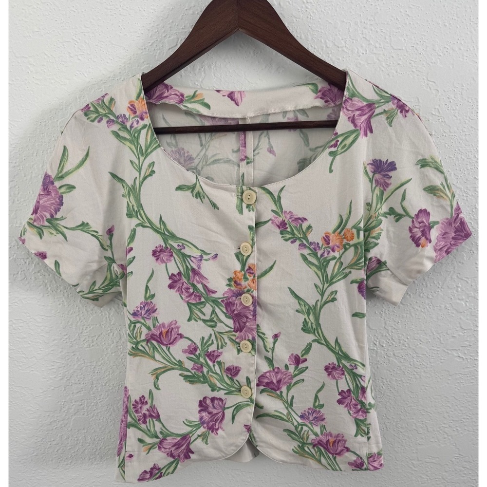 Vintage Floral Button Front Blouse Short Sleeve Cream Cottagecore Garden Size 6